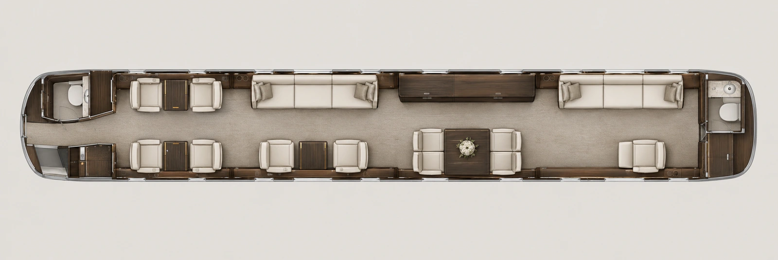 Gulfstream G800 seat map illustration: top-down view of the cabin. Representative G800 four-area configuration with 11 individual chairs and two three-place divans, forward galley and forward and aft lavatories. Actual interiors vary.