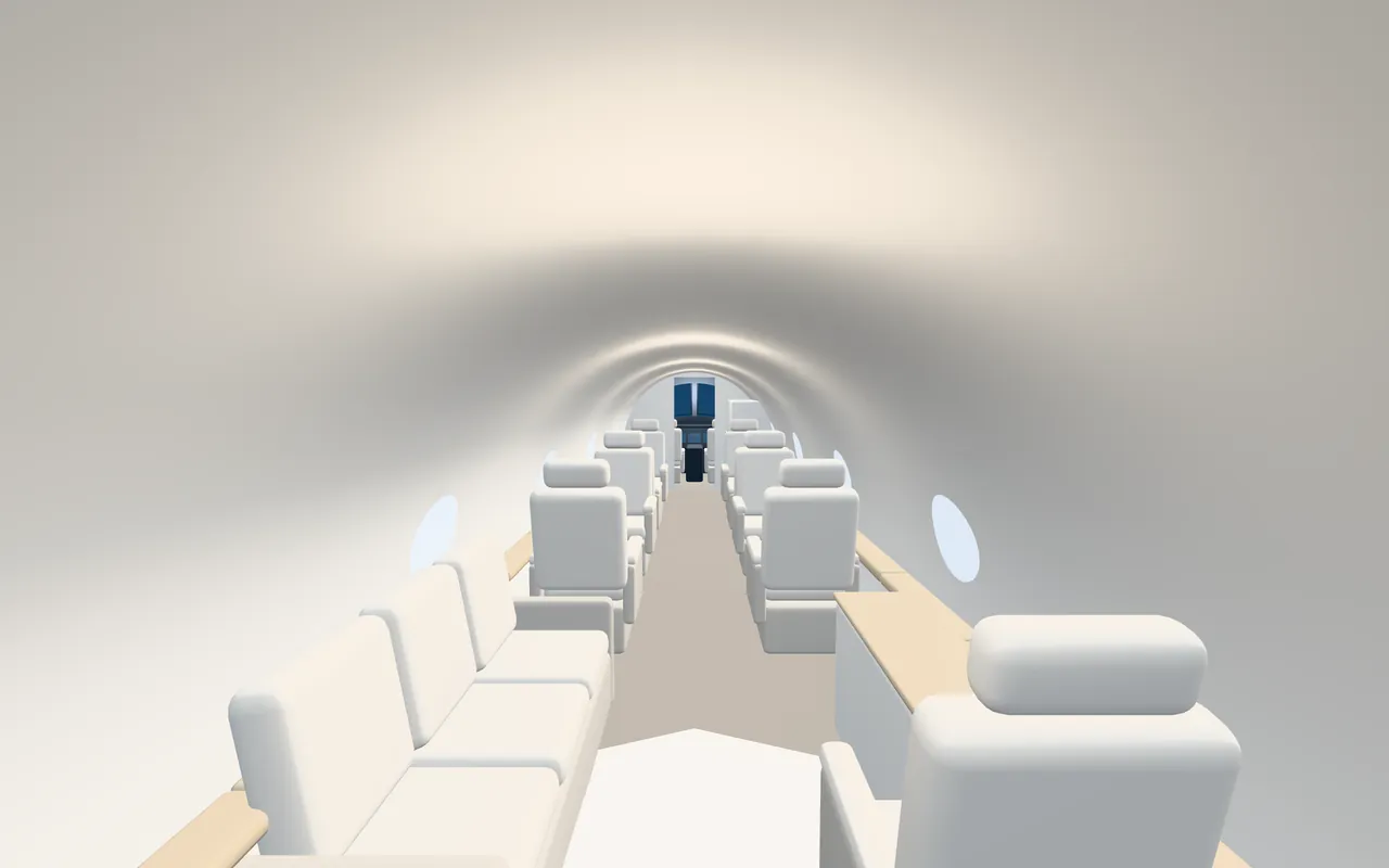 Gulfstream GIV-X (certified family) 3D cabin interior illustration looking forward: a representative 14-seat layout in a 7 ft 4 in wide, 6 ft 2 in tall cabin.