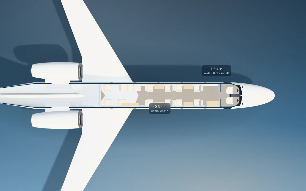 Gulfstream GIV-X (certified family) 3D seat map illustration: plan view cut through the 40 ft 4 in cabin, with a representative 14-seat layout.