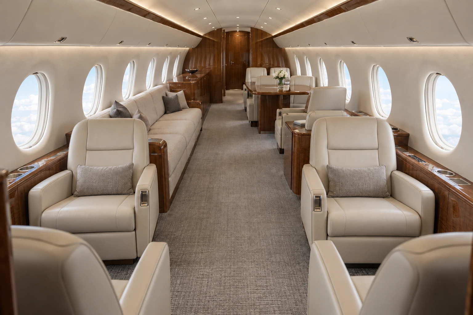 Gulfstream GIV-X (certified family) cabin interior illustration: illustration of the documented N227SV G450 thirteen-place cabin example. Actual interiors vary; not a photograph of this aircraft.