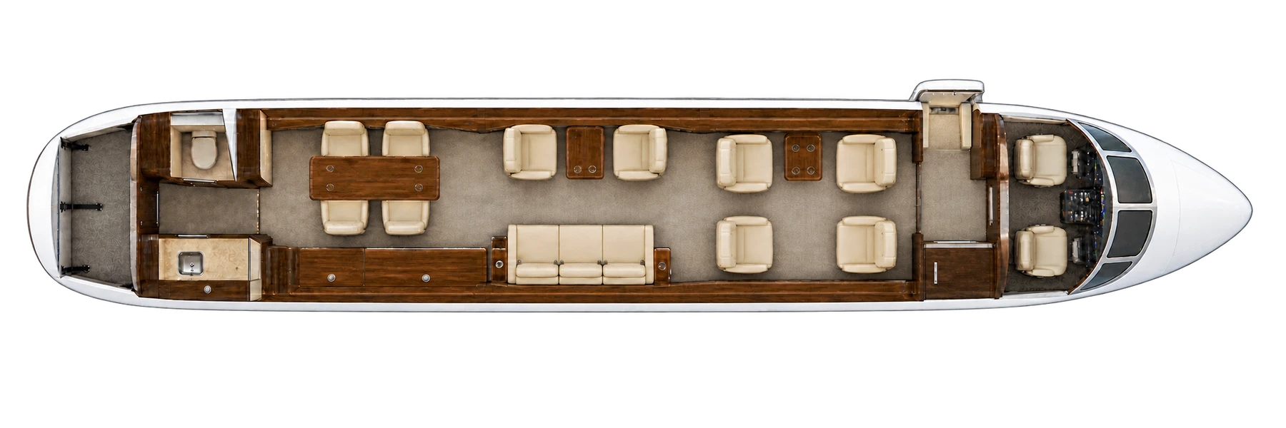 Gulfstream GIV-X (certified family) seat map illustration: top-down view of the cabin. Named representative N227SV completion: thirteen main places, excluding cockpit and lavatories. Below-window-sill cutaway. Actual installed configurations vary.