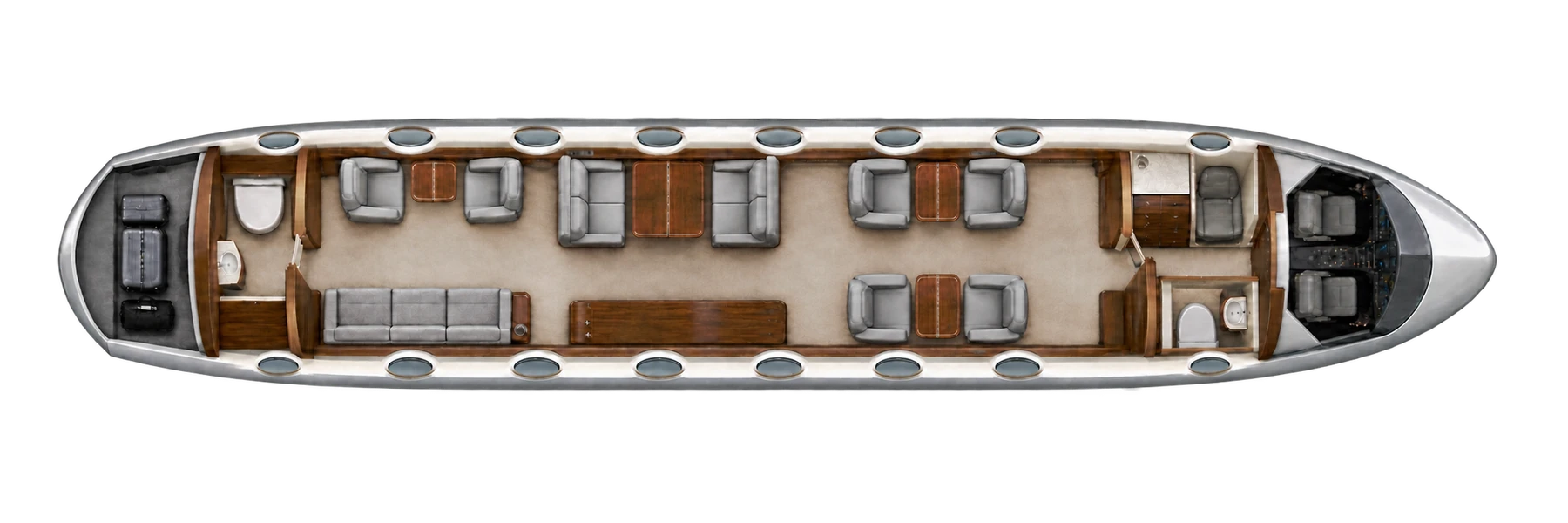 Gulfstream GVI (certified family) seat map illustration: top-down view of the cabin. Four forward club chairs, four conference seats, two aft club chairs and a three-place divan. Crew and lavatories excluded. Actual completion varies.