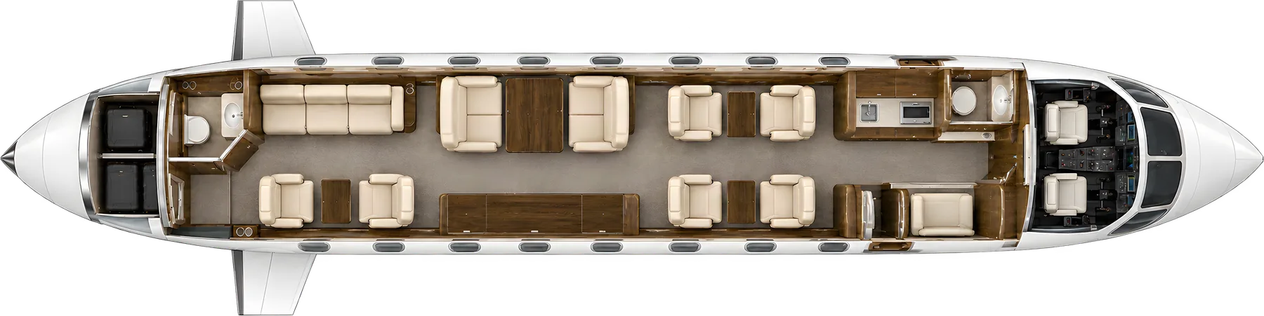 Gulfstream GVI (G650) seat map illustration: top-down view of the cabin. Typical G650 13-passenger layout: a club of four, four-place dining group, two club seats opposite a three-place divan, forward galley and aft lavatory; individual completions vary.