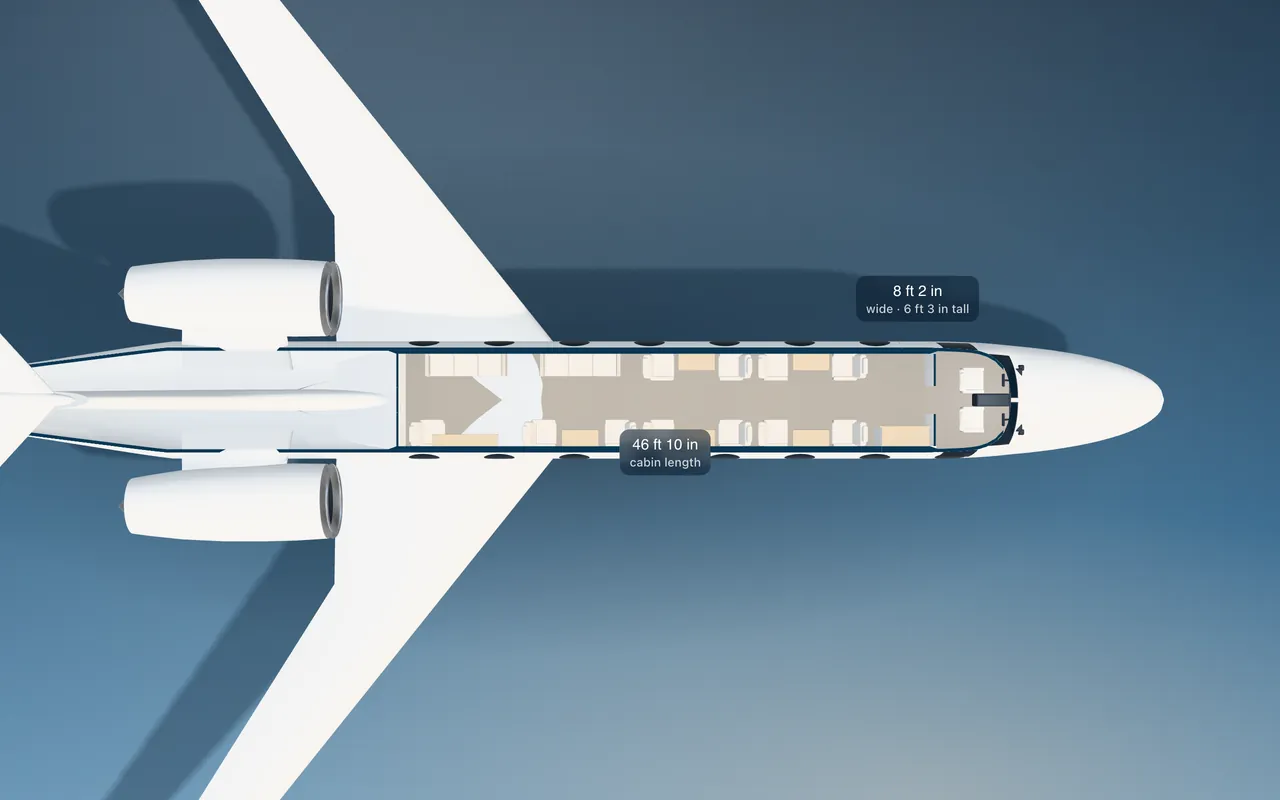 Gulfstream GVI (G650ER) 3D seat map illustration: plan view cut through the 46 ft 10 in cabin, with a representative 17-seat layout.