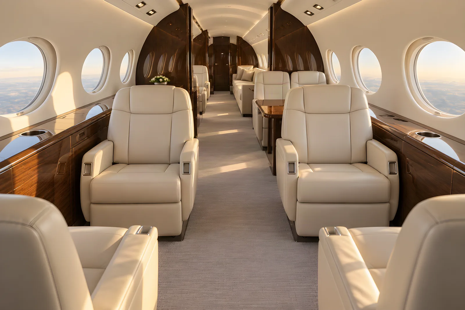 Gulfstream GVI (G650ER) cabin interior illustration: representative Gulfstream G650 cabin with cream leather club seats, a dining group and an aft divan, wood veneer and large oval windows.