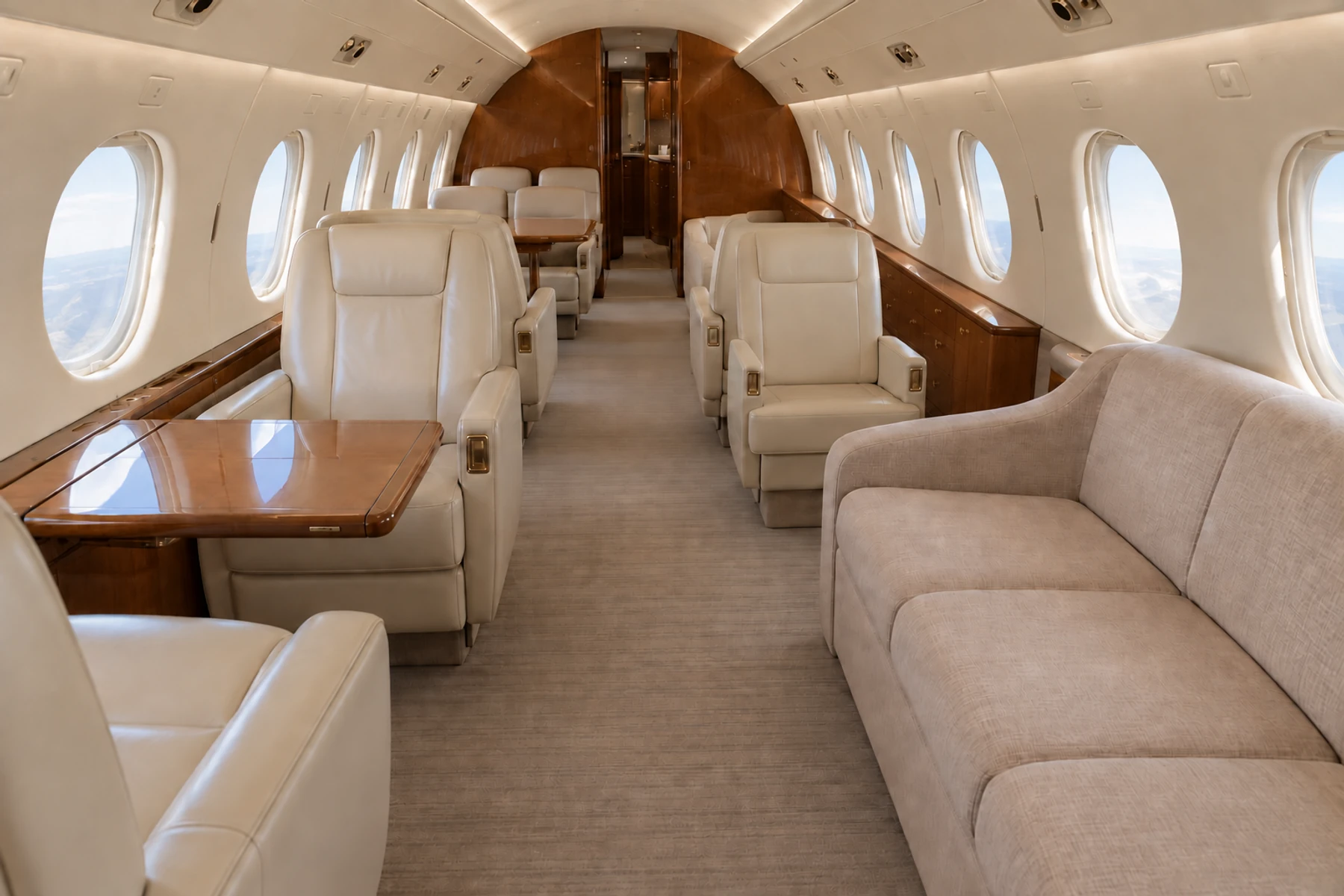 Gulfstream III cabin interior illustration: gulfstream III thirteen-seat main-cabin example illustration. Actual layout and equipment vary; not a photograph of this aircraft.