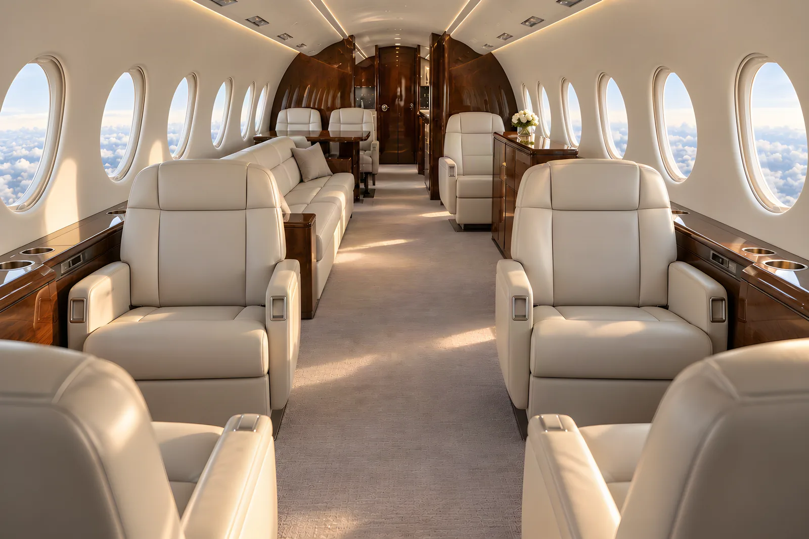 Gulfstream IV cabin interior illustration: an eye-level view looking aft through a Gulfstream IV stand-up cabin with cream leather club seats, a three-place divan, an aft conference area, wood veneer cabinetry and six large oval windows on each side in warm natural light.