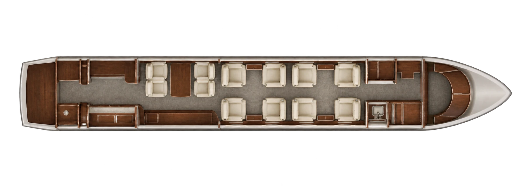 Gulfstream IV (certified family) seat map illustration: top-down view of the cabin. Representative Gulfstream IV twelve-seat example: two four-chair clubs and an aft four-place conference group opposite a credenza, with aft galley and lavatory. Crew is outside the passenger count. Actual layout and equipment vary.