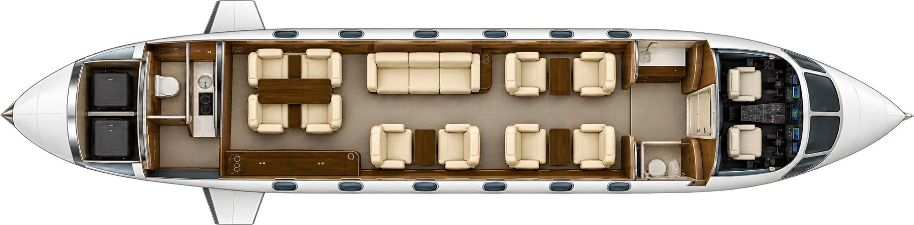 Gulfstream IV seat map illustration: top-down view of the cabin. Typical 13-passenger layout: a club of four, two club seats opposite a three-place divan, four conference seats, aft galley and lavatory.