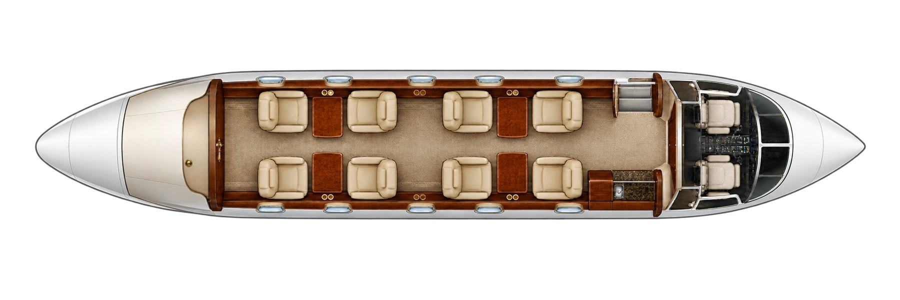 Hawker 1000 / BAe125 Series1000 (certified family) seat map illustration: top-down view of the cabin. Eight main-cabin chairs in two club groups. Crew, jumpseat and lavatory excluded. Actual completion varies.