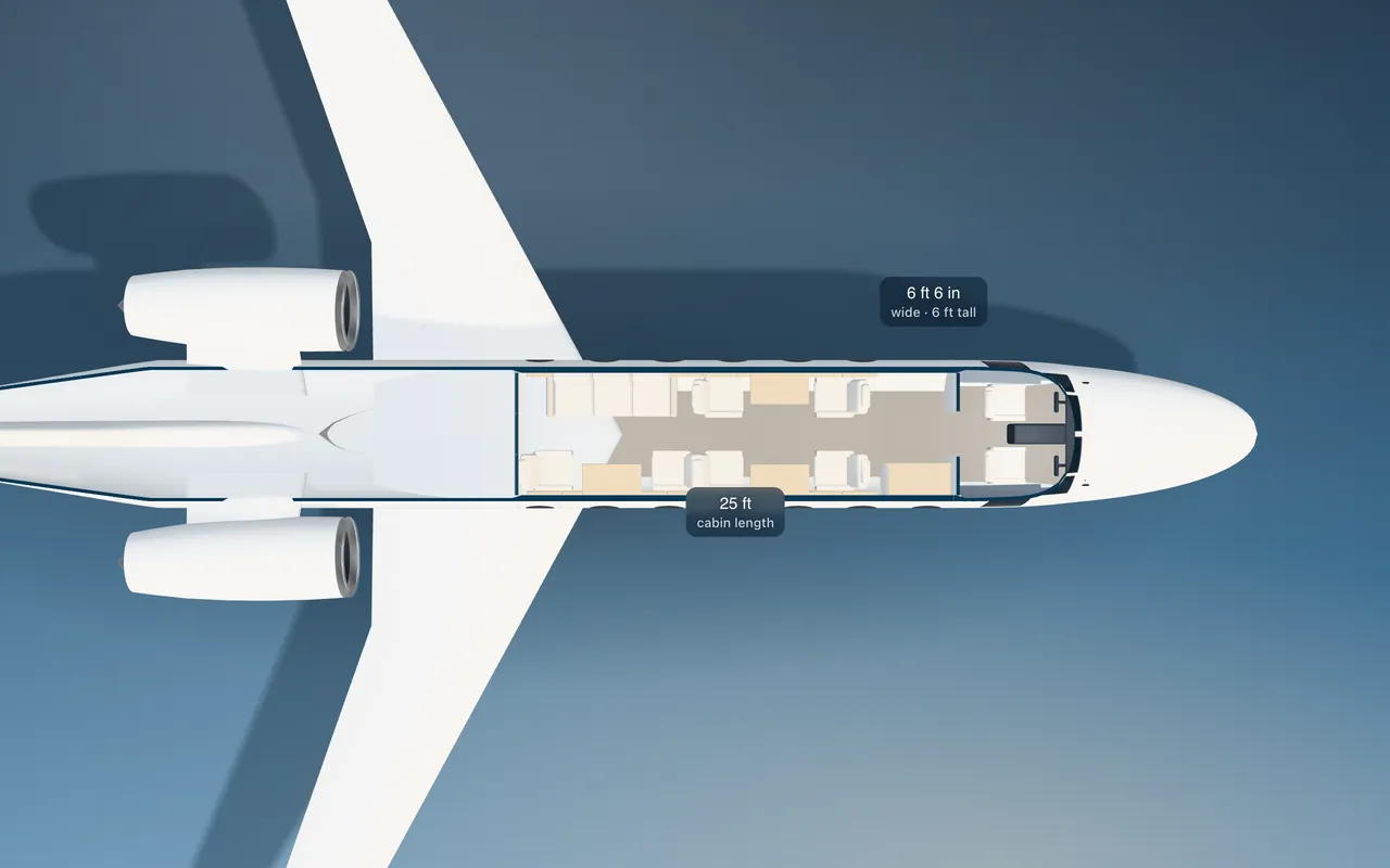 Hawker 4000 3D seat map illustration: plan view cut through the 25 ft cabin, with a representative 9-seat layout.