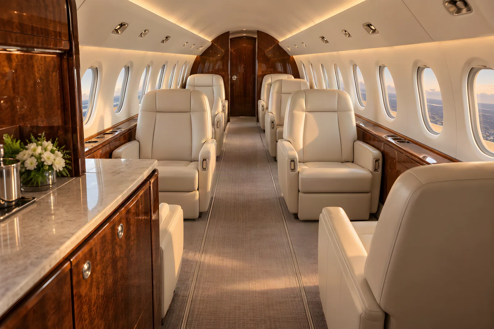 Hawker 4000 cabin interior illustration: illustration of the Hawker 4000 type cabin, looking aft through two cream leather seating clubs, with walnut veneer, oval windows and a flat central aisle.