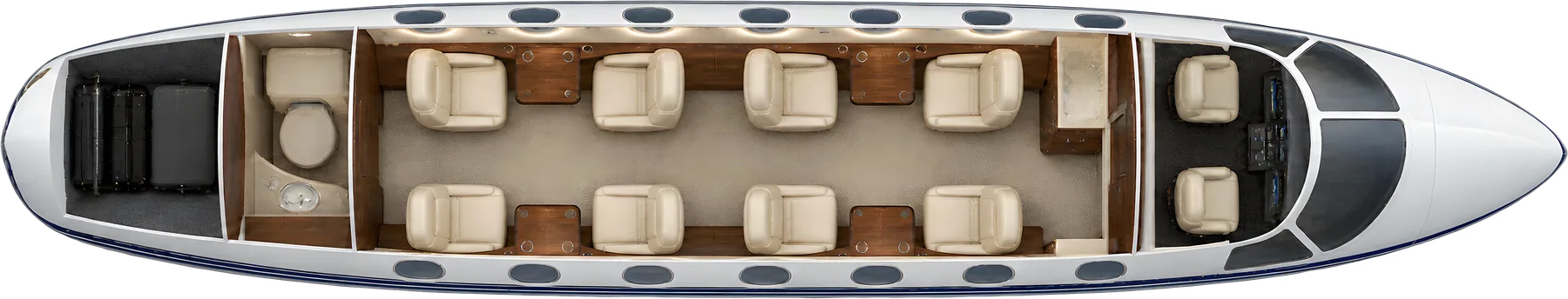 Hawker 4000 seat map illustration: top-down view of the cabin. Typical 8-passenger layout: two clubs of four, forward galley, aft lavatory and baggage compartment.