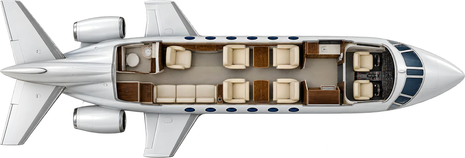 Hawker 800XP seat map illustration: top-down view of the cabin. Representative 8-passenger cabin cutaway: a club of four, one seat opposite a three-place divan, forward galley and aft lavatory. Actual interiors vary.
