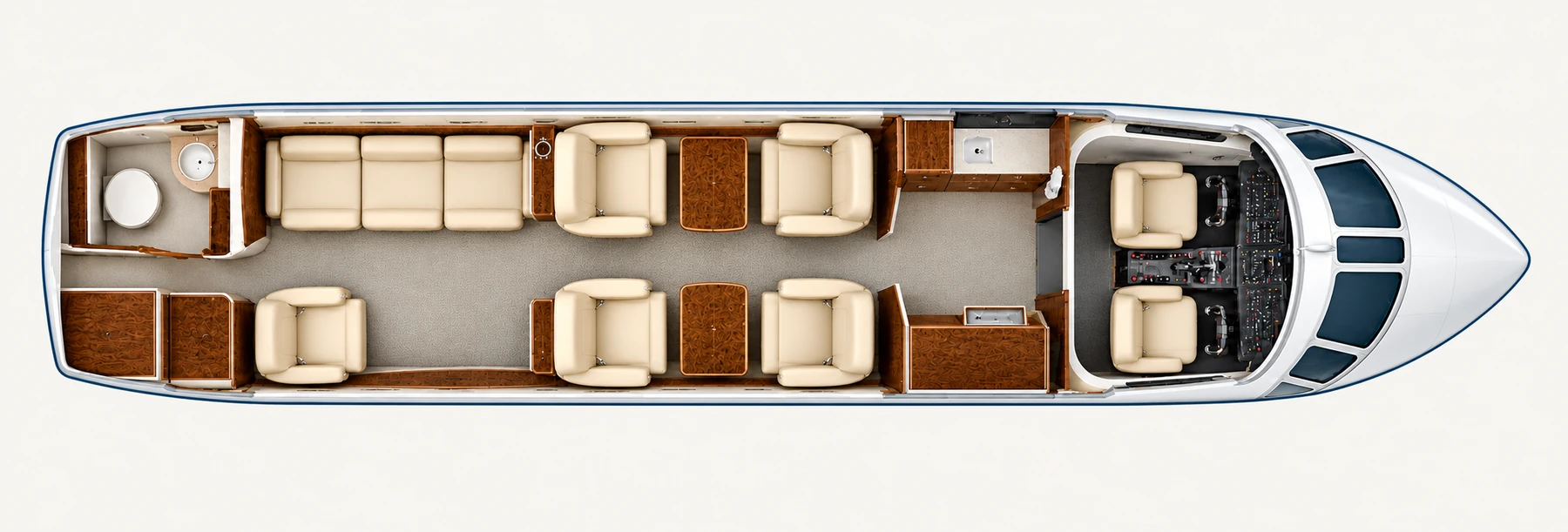 Hawker 850XP seat map illustration: top-down view of the cabin. Representative eight-seat main cabin: four club chairs, port three-place divan and opposite chair. Individual aircraft vary; lavatory seating is not counted.