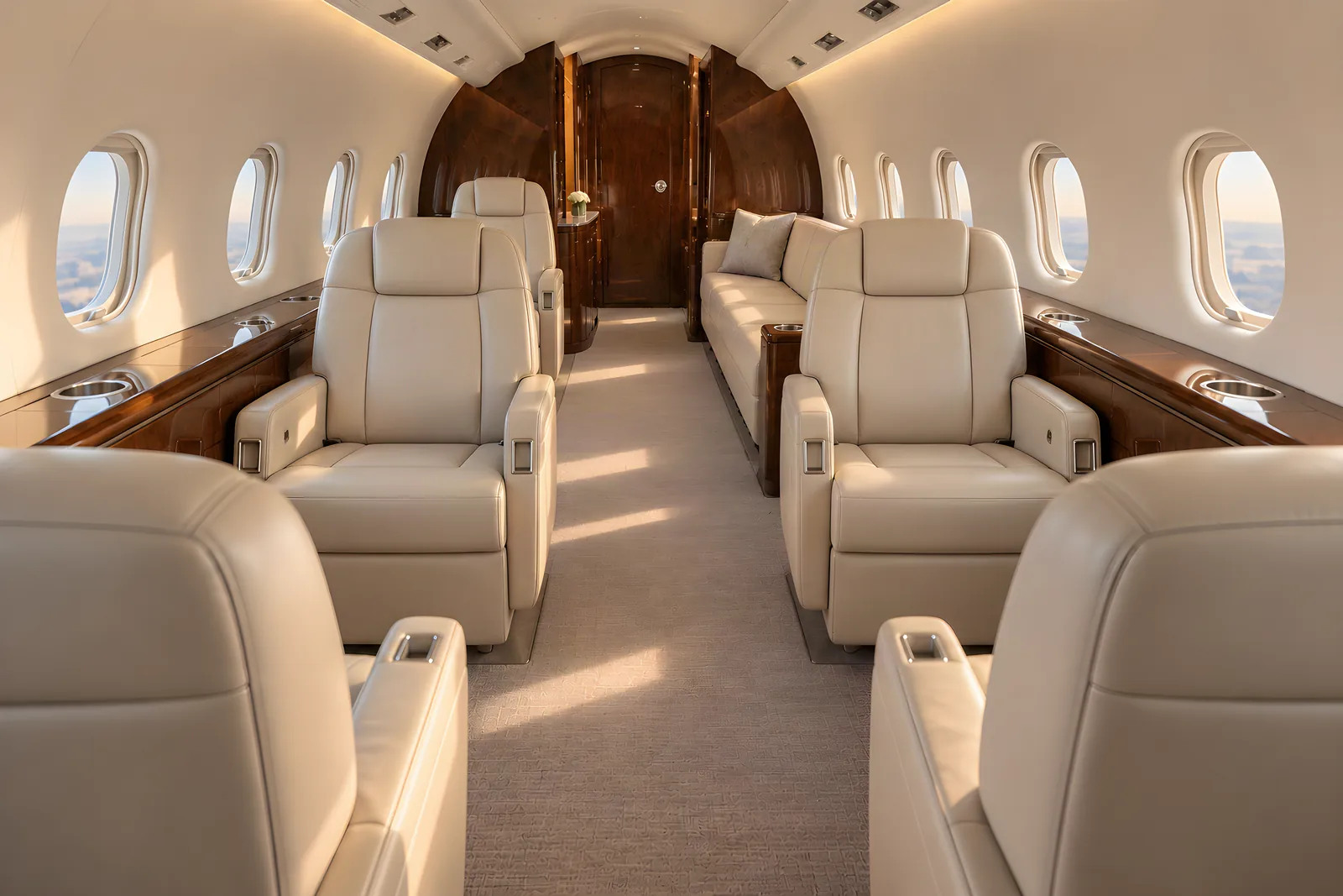 Hawker 900XP cabin interior illustration: hawker 800XP-style representative eight-seat cabin with four club chairs, an aft port divan and an opposite single chair; not this aircraft’s installed interior.