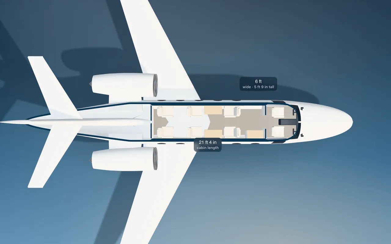 Hawker Siddeley HS.125 Series 700A 3D seat map illustration: plan view cut through the 21 ft 4 in cabin, with a representative 6-seat layout.