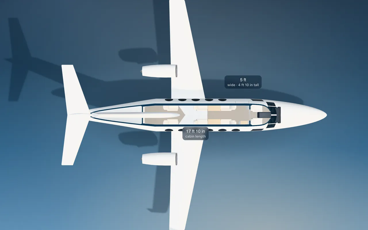 HondaJet 3D seat map illustration: plan view cut through the 17 ft 10 in cabin, with a representative 6-seat layout.