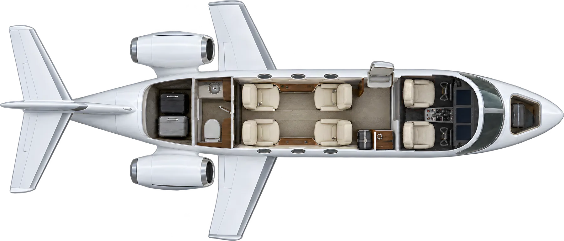 HondaJet seat map illustration: top-down view of the cabin. Typical 4-passenger layout: a club of four, forward refreshment cabinet, aft lavatory.