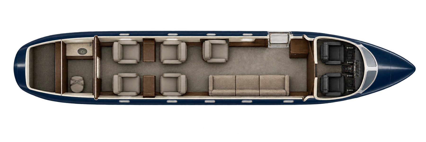 IAI 1124A Westwind II seat map illustration: top-down view of the cabin. Five chairs and a three-place divan provide eight main-cabin positions. Crew and separate belted lavatory excluded. Actual completion varies.