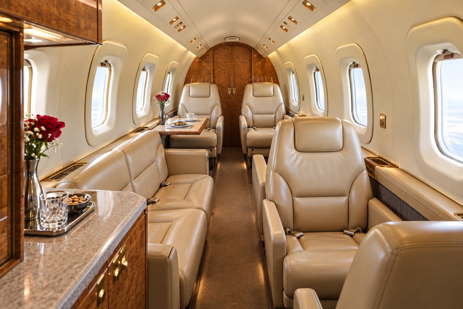 IAI 1125 (original certified model) cabin interior illustration: original Astra eight-passenger example. Representative illustration; actual interiors vary.