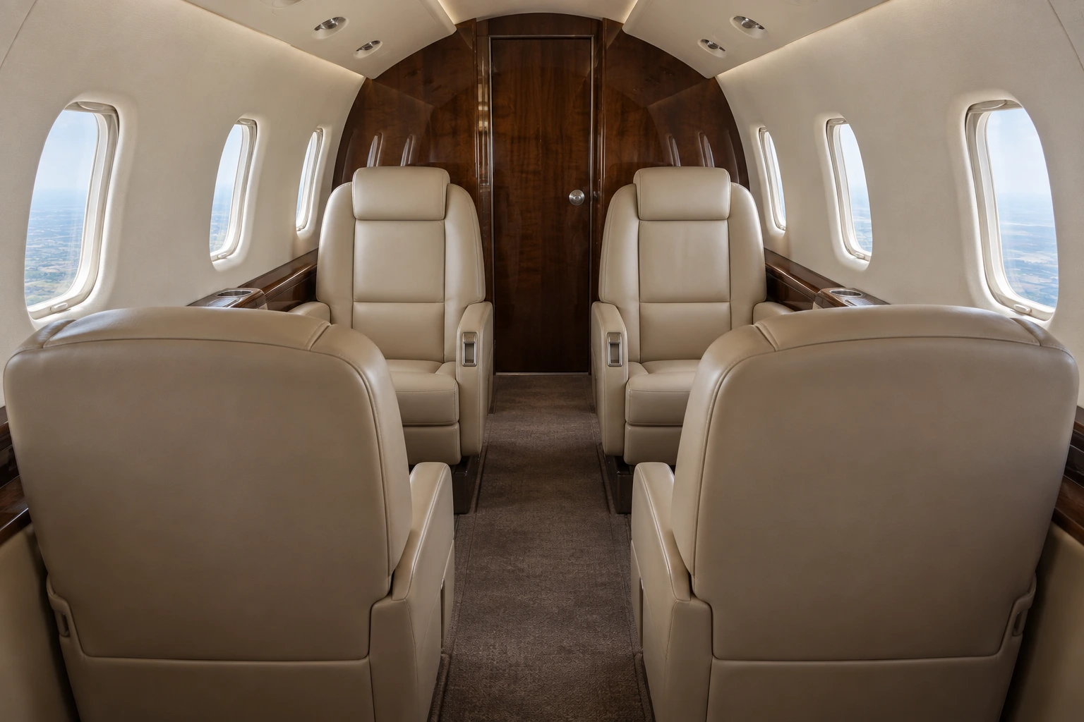IAI SPX / Gulfstream 100 cabin interior illustration: g100 seven-passenger example. Illustrative interior, not a photograph of this aircraft.