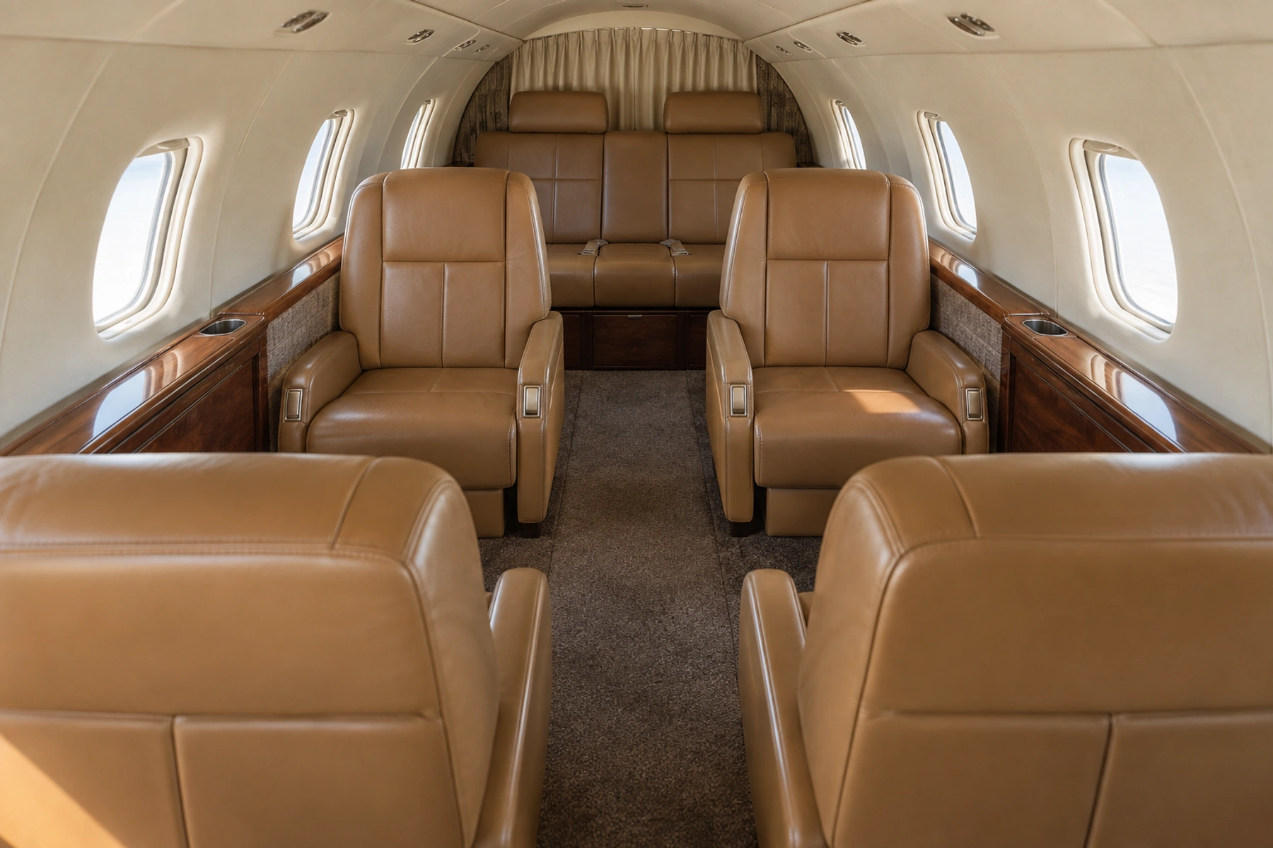 Learjet 31 (certified family) cabin interior illustration: representative original Learjet 31 cabin illustration. Actual interiors vary.