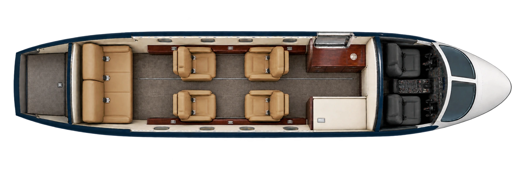 Learjet 31 (certified family) seat map illustration: top-down view of the cabin. Documented representative club arrangement: four chairs and a three-place aft bench. Crew and separate belted lavatory excluded. Actual completion and swivel-chair orientation vary.