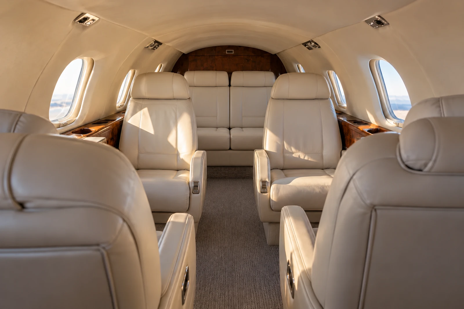 Learjet 31A cabin interior illustration: representative Learjet 31A cabin looking aft, with four club chairs and a two-place rear bench; actual interiors vary.