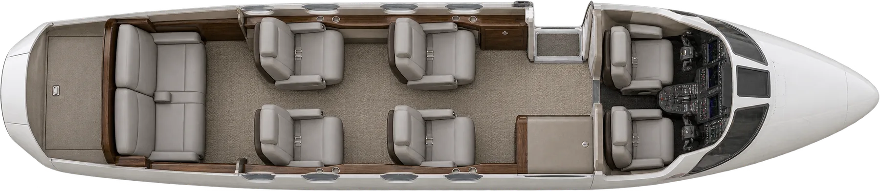 Learjet 35 (certified family) seat map illustration. Representative original Learjet 35 standard layout: four main chairs and two aft divan positions, with two pilots separate. Forward covered optional service area shown as an example. Original illustration, not this aircraft’s installed completion.