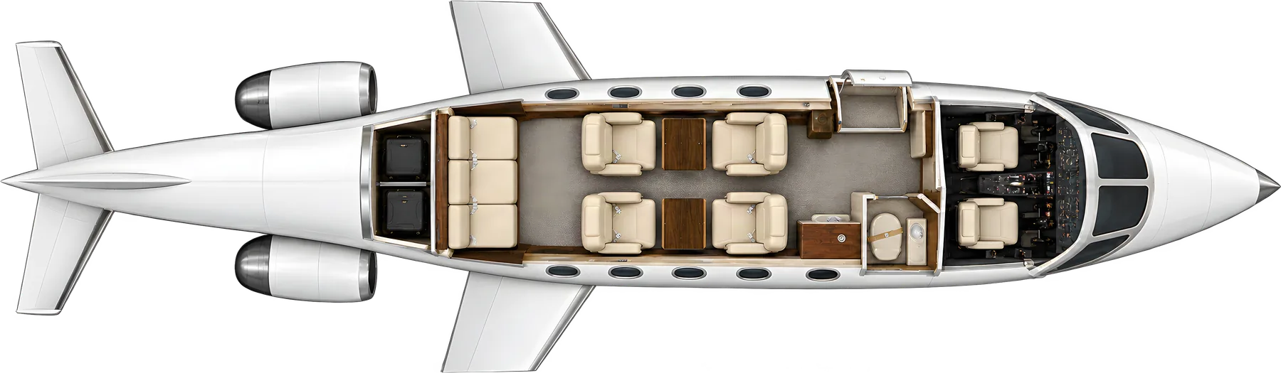 Learjet 36 seat map illustration: top-down view of the cabin. Typical 8-passenger layout: a club of four, a three-place aft bench, forward belted lavatory.