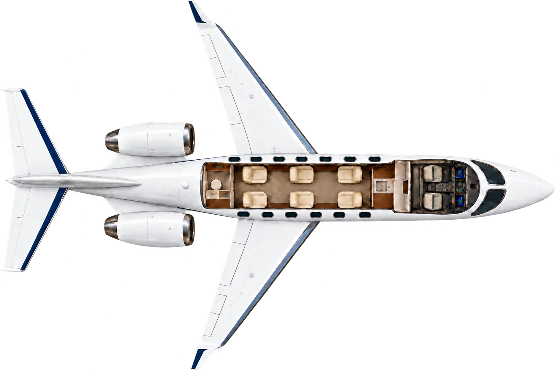 Learjet 40 seat map illustration: top-down view of the cabin. Illustrative 6-passenger layout: forward four-seat club, two aft forward-facing chairs, forward galley and aft lavatory.