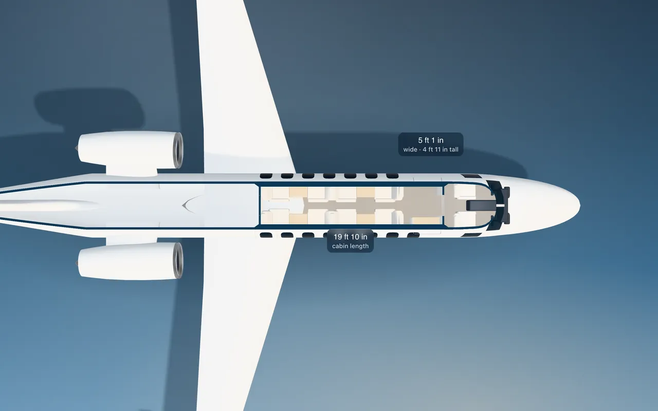 Learjet 45 3D seat map illustration: plan view cut through the 19 ft 10 in cabin, with a representative 8-seat layout.