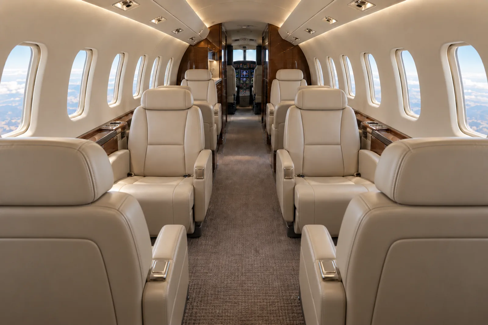 Learjet 45 cabin interior illustration: illustration of a Learjet 45 type cabin, 59 inches high and 61 inches wide, with eight passenger chairs in two facing clubs.