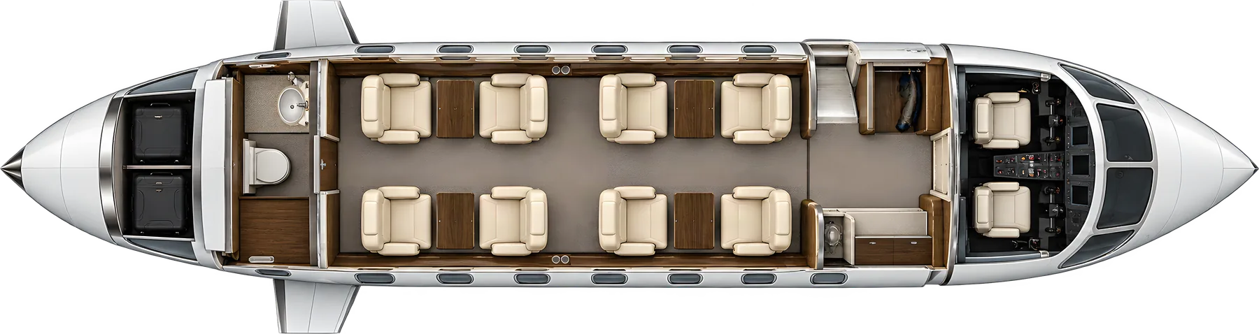 Learjet 45 seat map illustration, layout 2: top-down view of the cabin. Typical 8-passenger layout: two clubs of four, forward galley, aft lavatory.