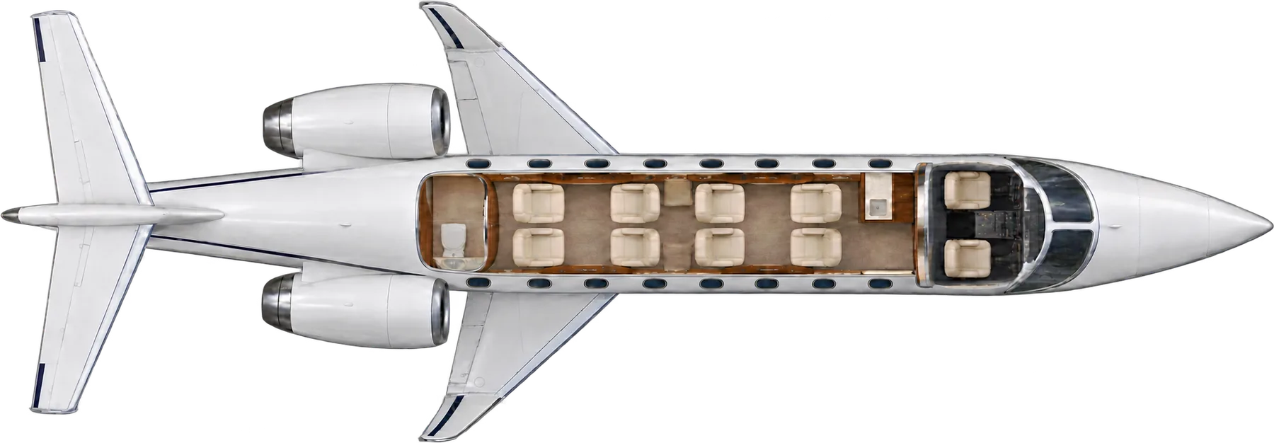 Learjet 45 seat map illustration: top-down view of the cabin. Illustrative 8-passenger layout: two facing four-seat clubs, forward galley and aft lavatory.