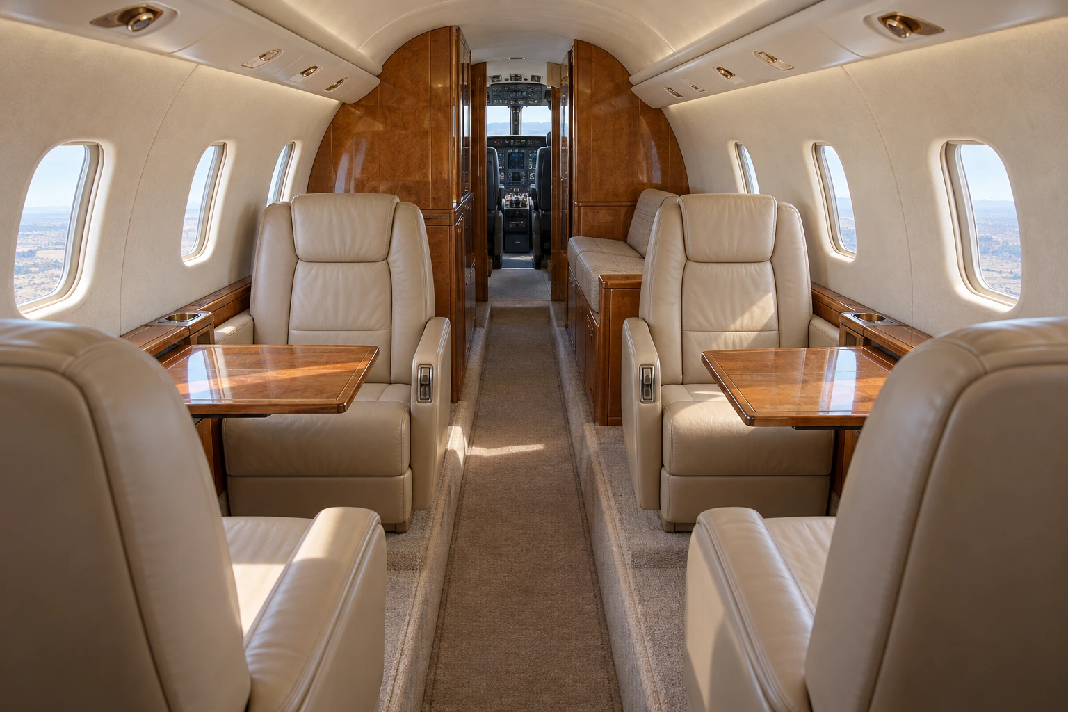 Learjet 55 cabin interior illustration: learjet 55 Ventura seven-passenger example cabin illustration. Actual layout and equipment vary; not a photograph of this aircraft.