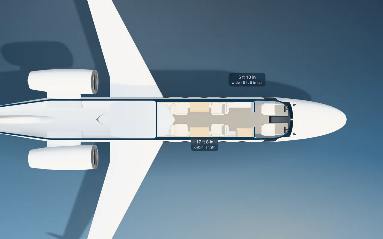 Learjet 60 series 3D seat map illustration: plan view cut through the 17 ft 8 in cabin, with a representative 4-seat layout.