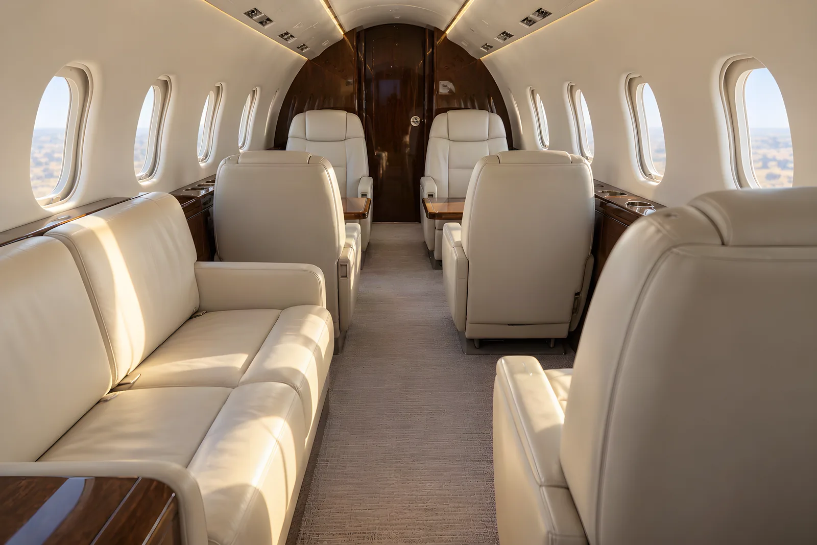 Learjet 60 series cabin interior illustration: representative Learjet 60XR-style cabin with a forward chair opposite a two-place divan and an aft club of four. Materials and furnishings are illustrative.