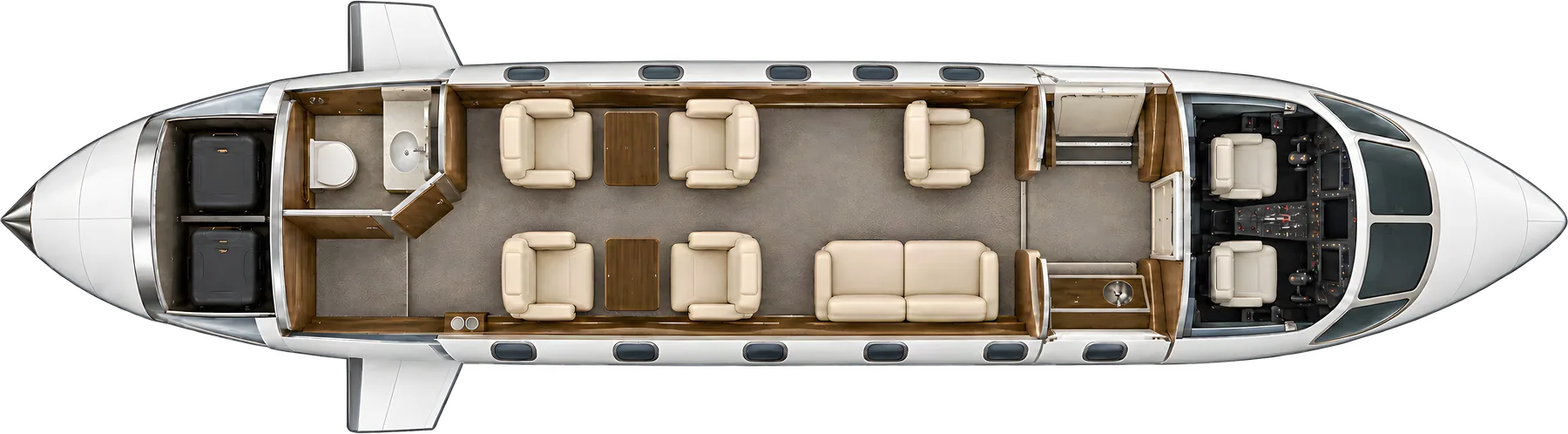 Learjet 60 series seat map illustration: top-down view of the cabin. Representative seven-seat Learjet 60XR-style arrangement: five individual chairs and a two-place divan. Actual Learjet 60-series interiors and equipment vary; this does not establish an installed XR interior.