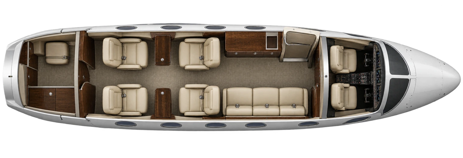 Nextant 400XTi seat map illustration: top-down view of the cabin. Typical 8-passenger layout: a forward three-place divan, an aft club of four, forward galley and belted aft lavatory.