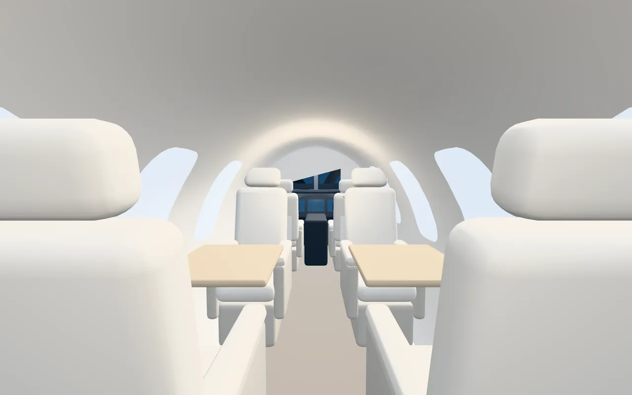 Pilatus PC-12 3D cabin interior illustration looking forward: a representative 6-seat layout in a 5 ft wide, 4 ft 10 in tall cabin.