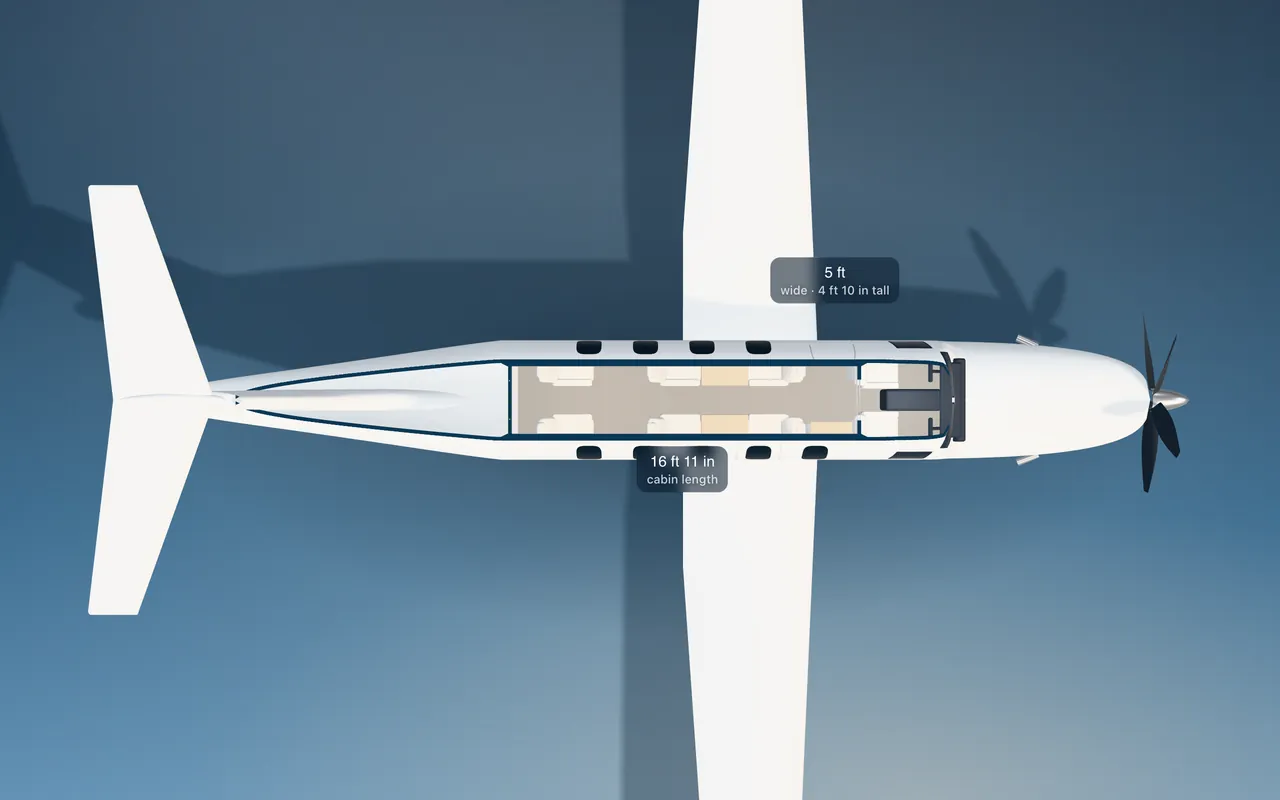 Pilatus PC-12 3D seat map illustration: plan view cut through the 16 ft 11 in cabin, with a representative 6-seat layout.