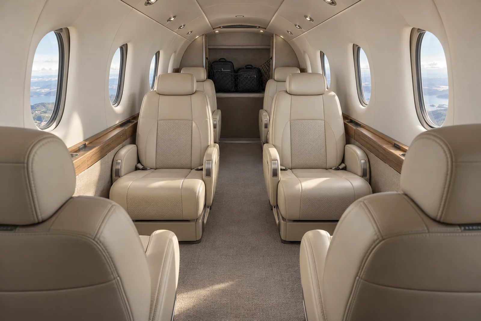 Pilatus PC-12 cabin interior illustration: representative Pilatus PC-12 NG executive cabin with six chairs, small oval windows and a flat aisle.