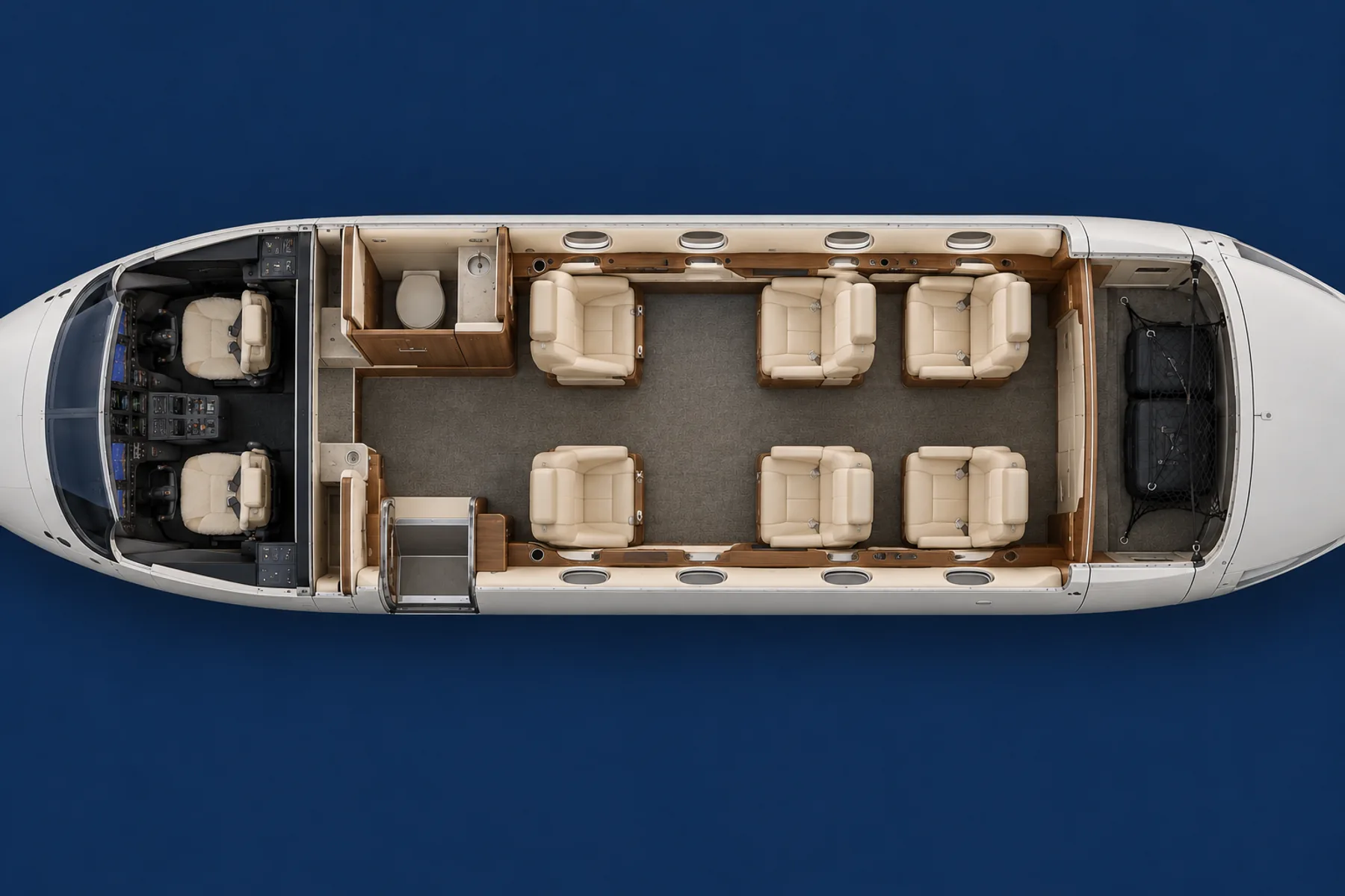 Pilatus PC-12 seat map illustration: top-down view of the cabin. Representative six-passenger executive layout. Interiors vary by aircraft.