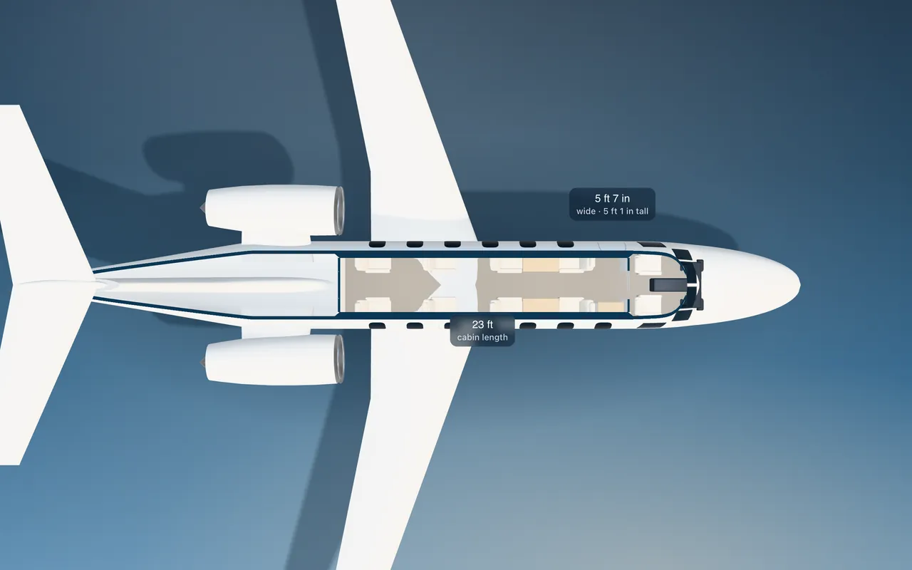 Pilatus PC-24 3D seat map illustration: plan view cut through the 23 ft cabin, with a representative 8-seat layout.