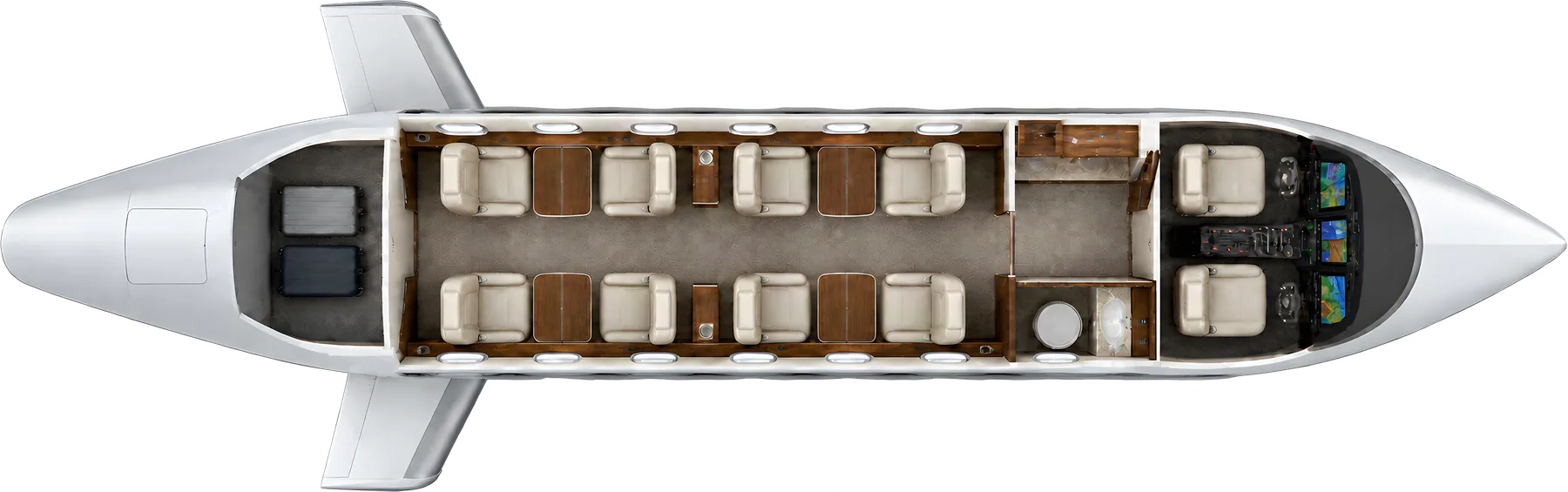 Pilatus PC-24 seat map illustration: top-down view of the cabin. Typical 8-passenger layout: two clubs of four, forward galley and lavatory, aft baggage.