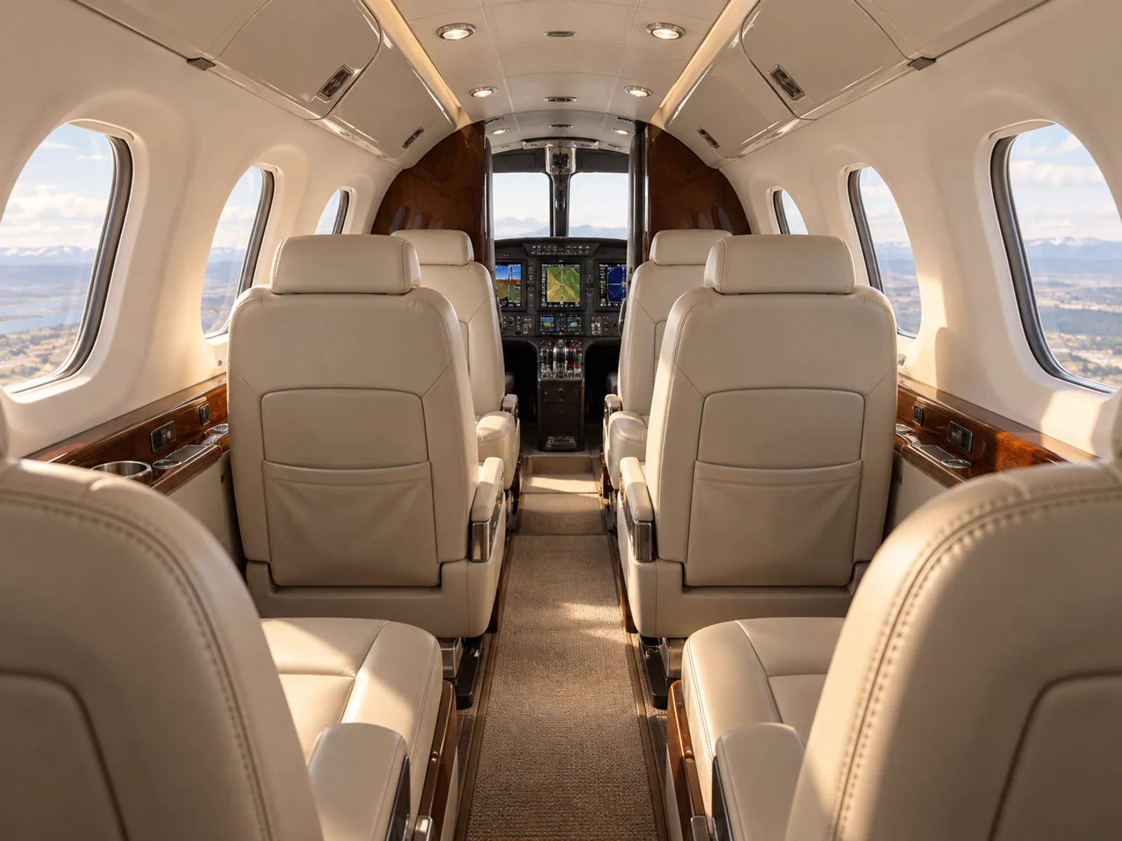 Piper PA-46-500TP (certified family) cabin interior illustration: aI-generated illustration of a representative Piper PA-46-500TP Meridian cabin, looking forward through its compact passenger interior.