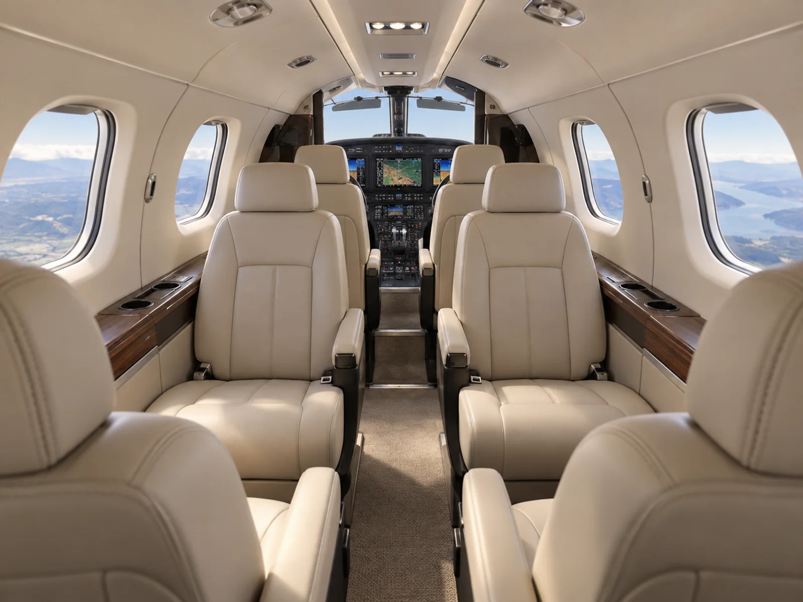 Piper PA-46-600TP (certified family) cabin interior illustration: aI-generated illustration of a representative Piper M600 cabin, looking forward through its compact passenger interior.