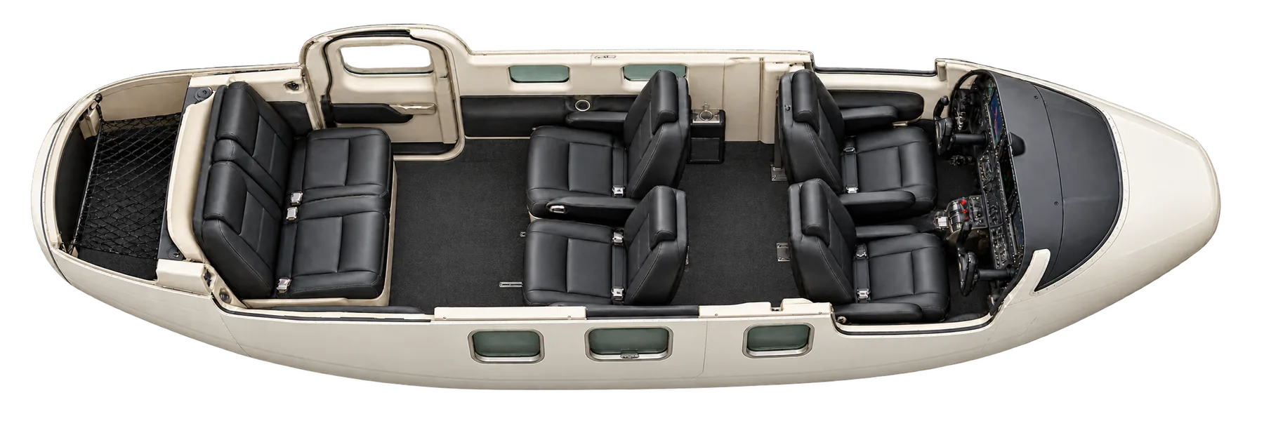 Socata TBM 700N (850-era reference) seat map illustration. Representative TBM 850 standard six-place layout: two cockpit positions, two aft-facing middle passenger chairs and two forward-facing rear bench positions, with a port entry and aft baggage. Actual installed configurations vary.